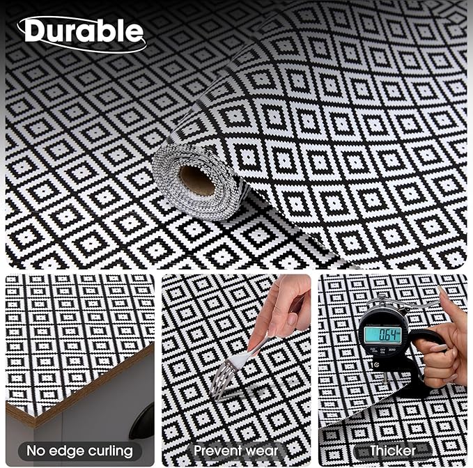 Drawer and Shelf Liner, Non-Slip Kitchen Cabinet Liners Non-Adhesive Thick Strong Grip Waterproof Washable Mats Protect Dresser Shelves Cupboard Bathroom Cabinets, Black & White, 18 in X 10 FT