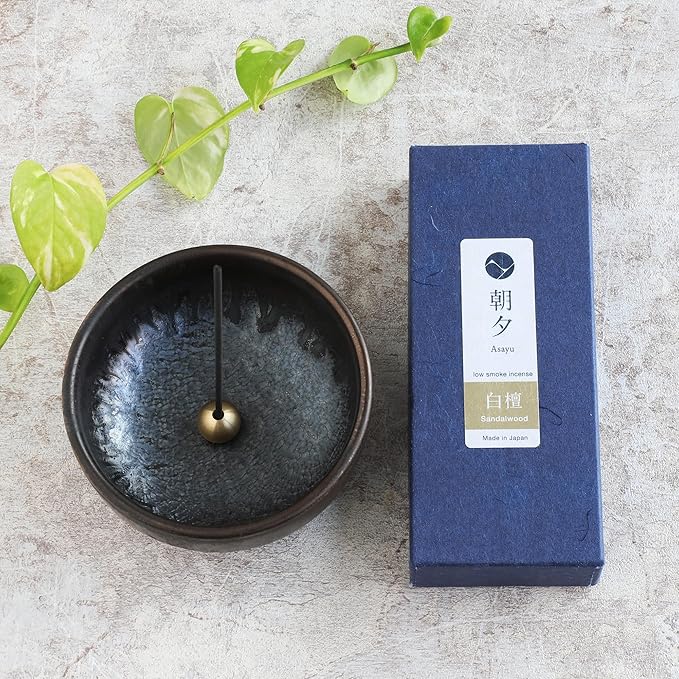 Asayu Japan Traditional Smoke Gift Set with Incense Holder and Brass Stand, Sandalwood Incense Sticks with Zen Ceramic Holder