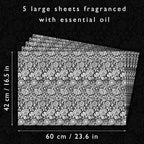 Sandalwood Scented Drawer Liners in a Black William Morris Design. Pack of 5 Folded Sheets | Contains Sandalwood Essential Oil | Made in The UK.