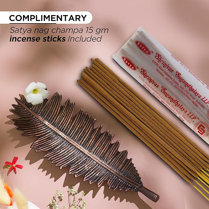 Raajsee Incense Holder Set With Nag Champa Sticks 15gm, Leaf Stick Burner, Brass Burner, Modern Holder for Yoga, Meditation, Home Decor - Size 10x4 Inches Copper