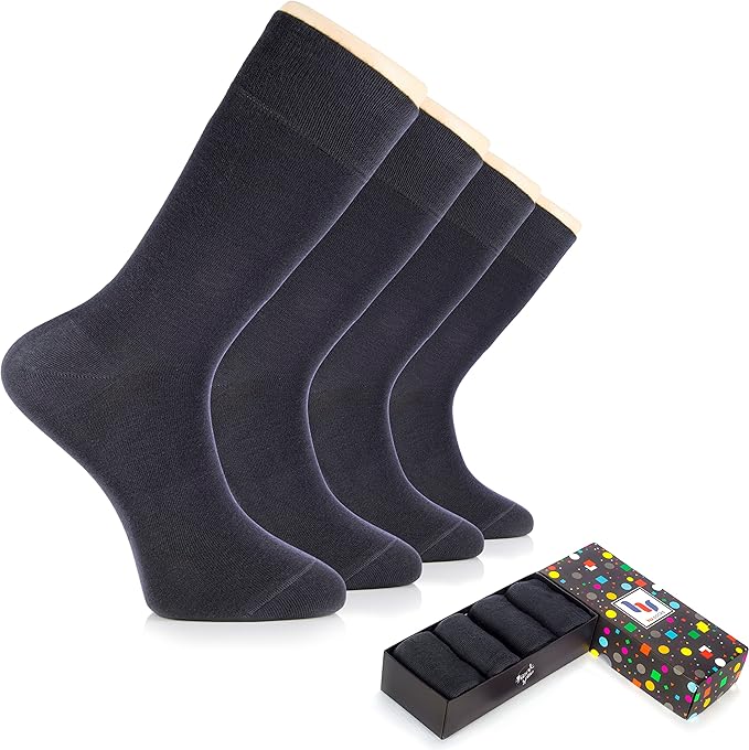 Hugh Ugoli Men's Cotton Dress Socks for Business & Trouser, Thin & Seamless Crew Socks, 4 Pairs with Gift Box, Shoe Size 8-12