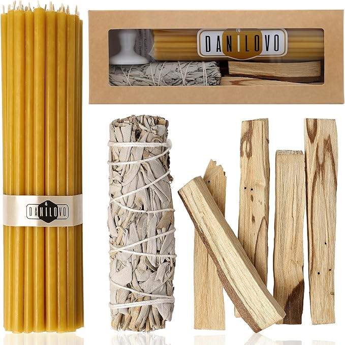 Danilovo Smudging Kit – 5 Palo Santo Sticks, 1 White Sage Smudge Stick and 50 pcs Beeswax Taper Candles Set for Meditation, Cleansing, and Spiritual Practices, Handcrafted, Eco-Friendly