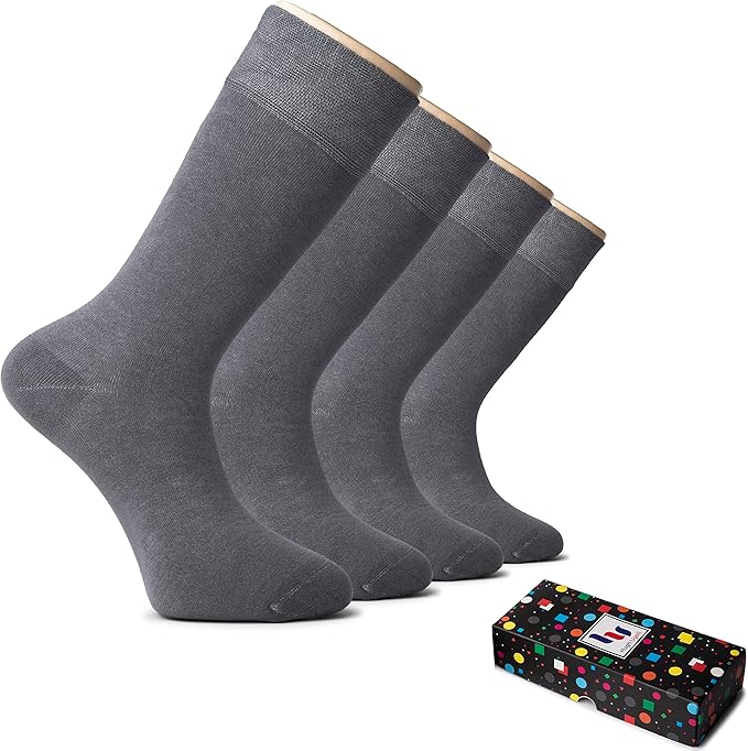 Hugh Ugoli Men's Bamboo Dress Socks for Business & Trouser, Thin & Seamless Crew Socks, 4 Pairs with Gift Box, Shoe Size 8-12
