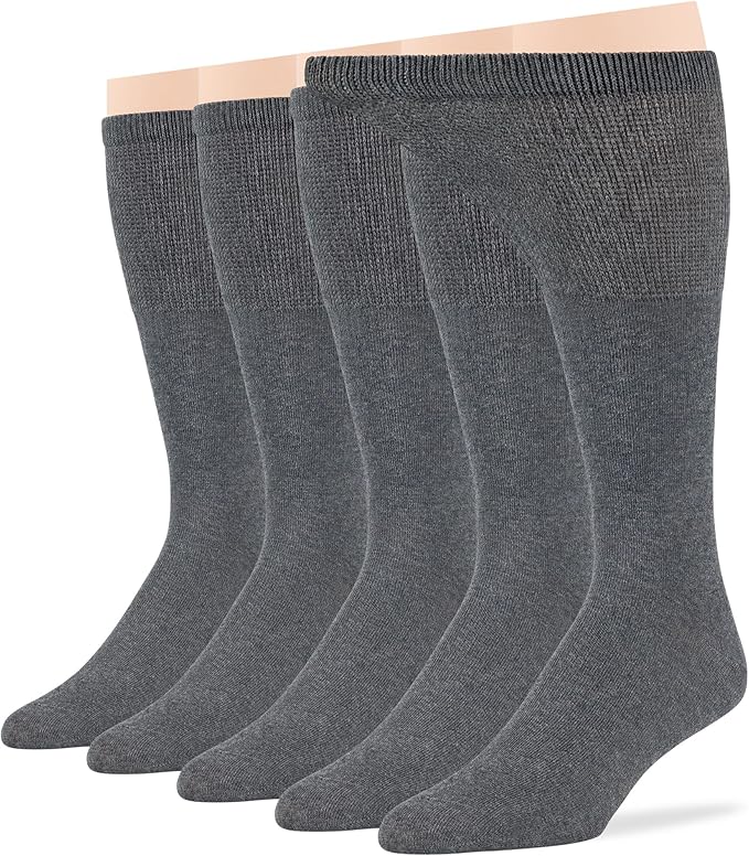 7BigStars Men Diabetic Loose Dress Business Cotton Mid Calf Socks - 5 Pack Big Tall - Solid Casual - Sock Size 13-15 Shoe Size 12-15 XL Dark Grey