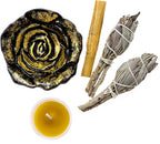 Spiritual Cleansing Starter Kit with White Sage, Palo Santo, Hand Poured Beeswax Votive Candle, and Rose Incense Holder