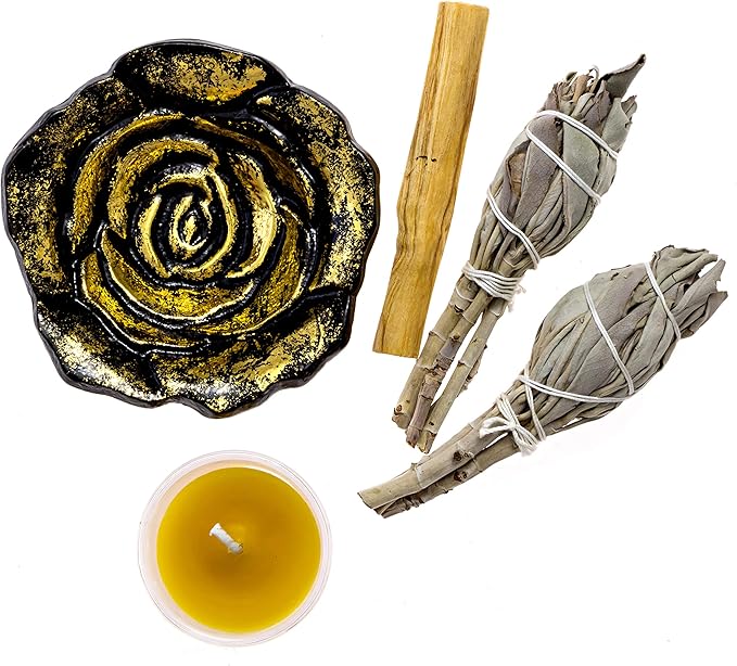 Spiritual Cleansing Starter Kit with White Sage, Palo Santo, Hand Poured Beeswax Votive Candle, and Rose Incense Holder