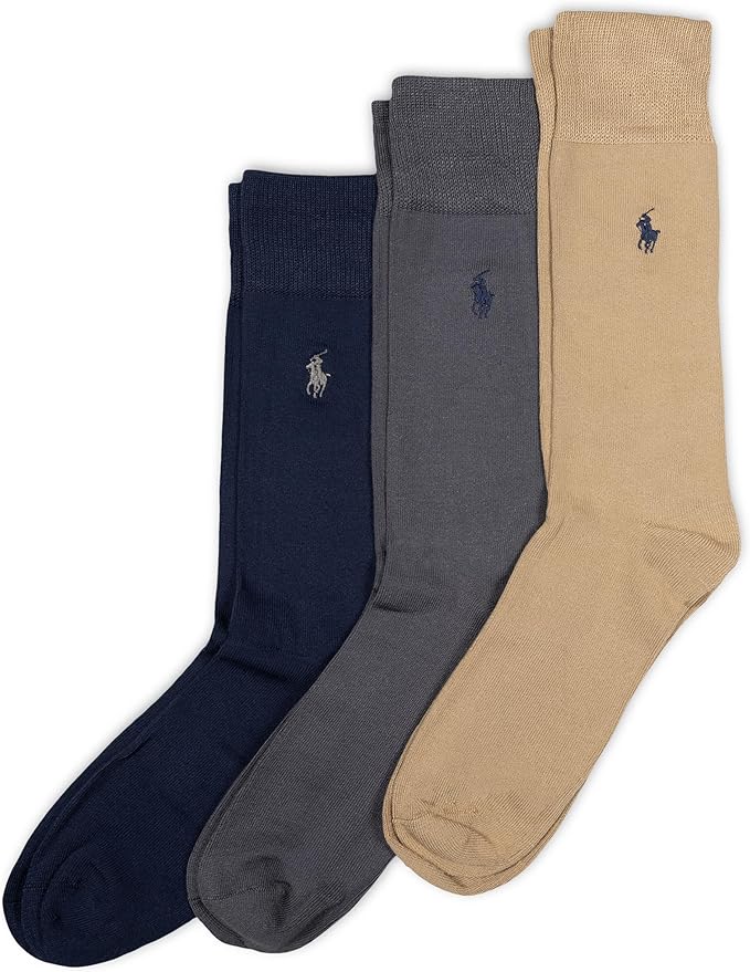 POLO RALPH LAUREN men Super Soft Flat Dress Crew Socks - 3 Pair Pack - Heel-toe Reinforcement