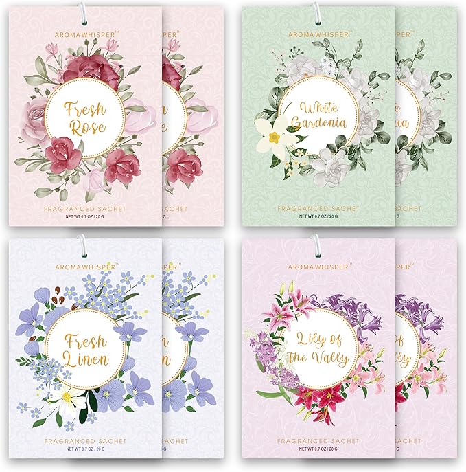 4 Scents Large Scented Sachets - 8 Pack, Long-Lasting Home Fragrance Sachet Bags, Extra Large Fresh-Scented Packets, Sachets for Drawer and Closet (Rose Gardenia Linen Lily)