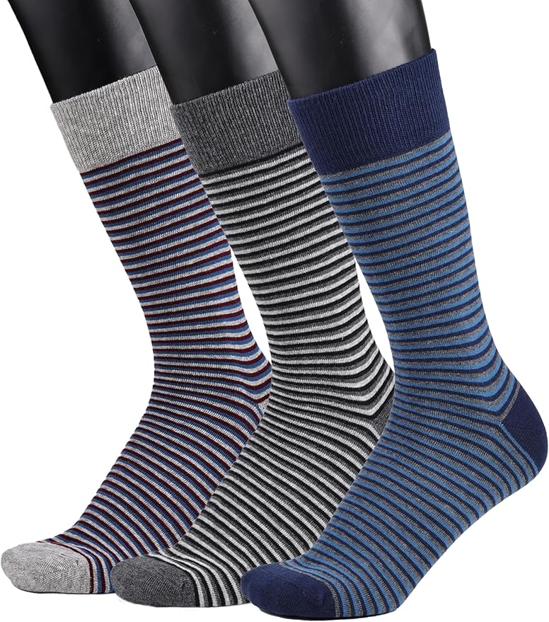 COTTON DAY Men's Premium Soft Combed Cotton Trouser Dress Socks Seamless Toe Black Navy Blue Striped