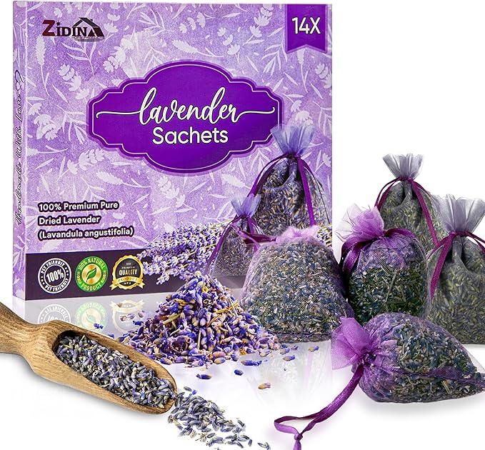 14 Pack Organic Lavender Sachet Bags for Drawers and Closets - Natural Fresh Dried Lavender French Potpourri Bags for Clothes Storage - Scented Sachets for Drawers, Wardrobes, Cars & Home.