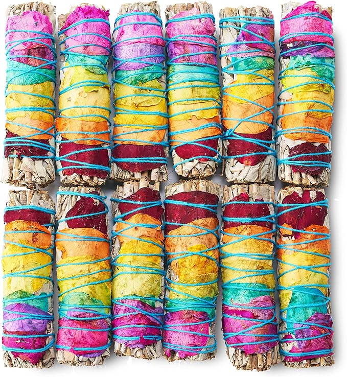 Chakra Sage Smudge Sticks 4 Inch | Natural Flower White Sage Smudging Wands | Bulk Quantities for Home Cleansing, Meditation, & Smudging Rituals | Sustainably Sourced California White Sage