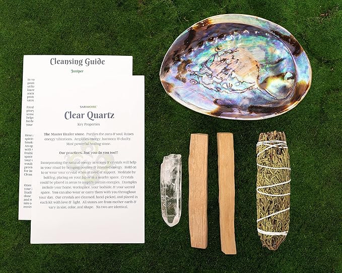 Spiritual Items - Juniper Smudge Stick ~ Abalone Shell for Smudging ~ Palo Santo Sticks ~ 2 inchTripod Stand ~ 8 inch Feather and White Sand
