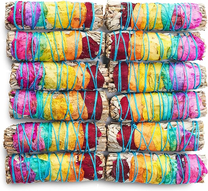 Chakra Sage Smudge Sticks 4 Inch | Natural Flower White Sage Smudging Wands | Bulk Quantities for Home Cleansing, Meditation, & Smudging Rituals | Sustainably Sourced California White Sage